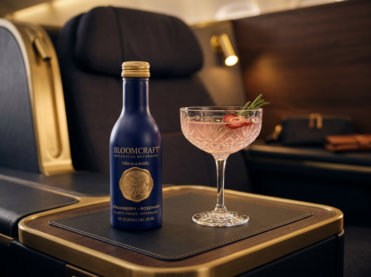 The 8 fl oz BloomCraft bottle served with a crystal coupe on a first-class airline tray table