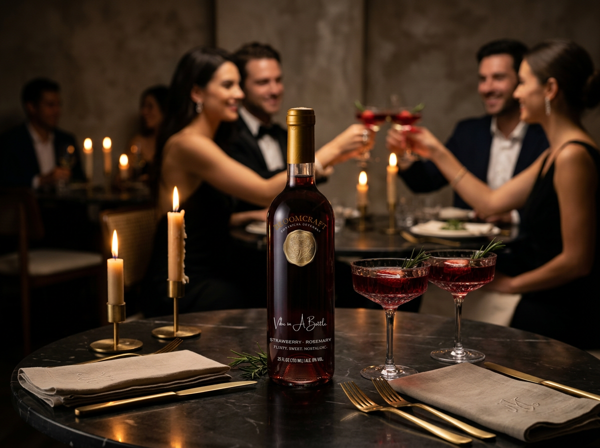 Two guests toasting botanical mocktails on a candlelit rooftop terrace