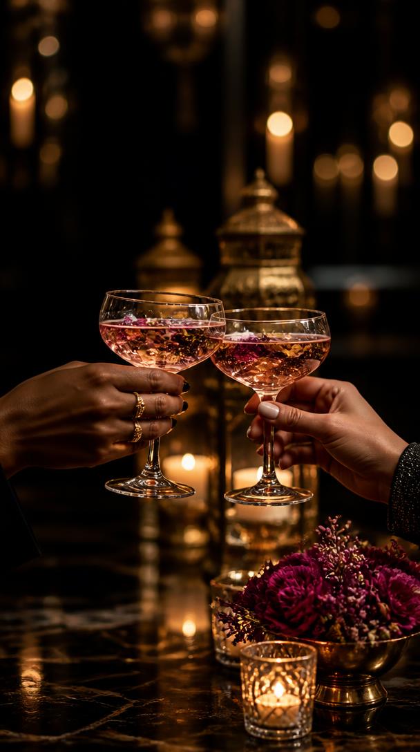 Two hands toasting coupes of BloomCraft in warm candlelight