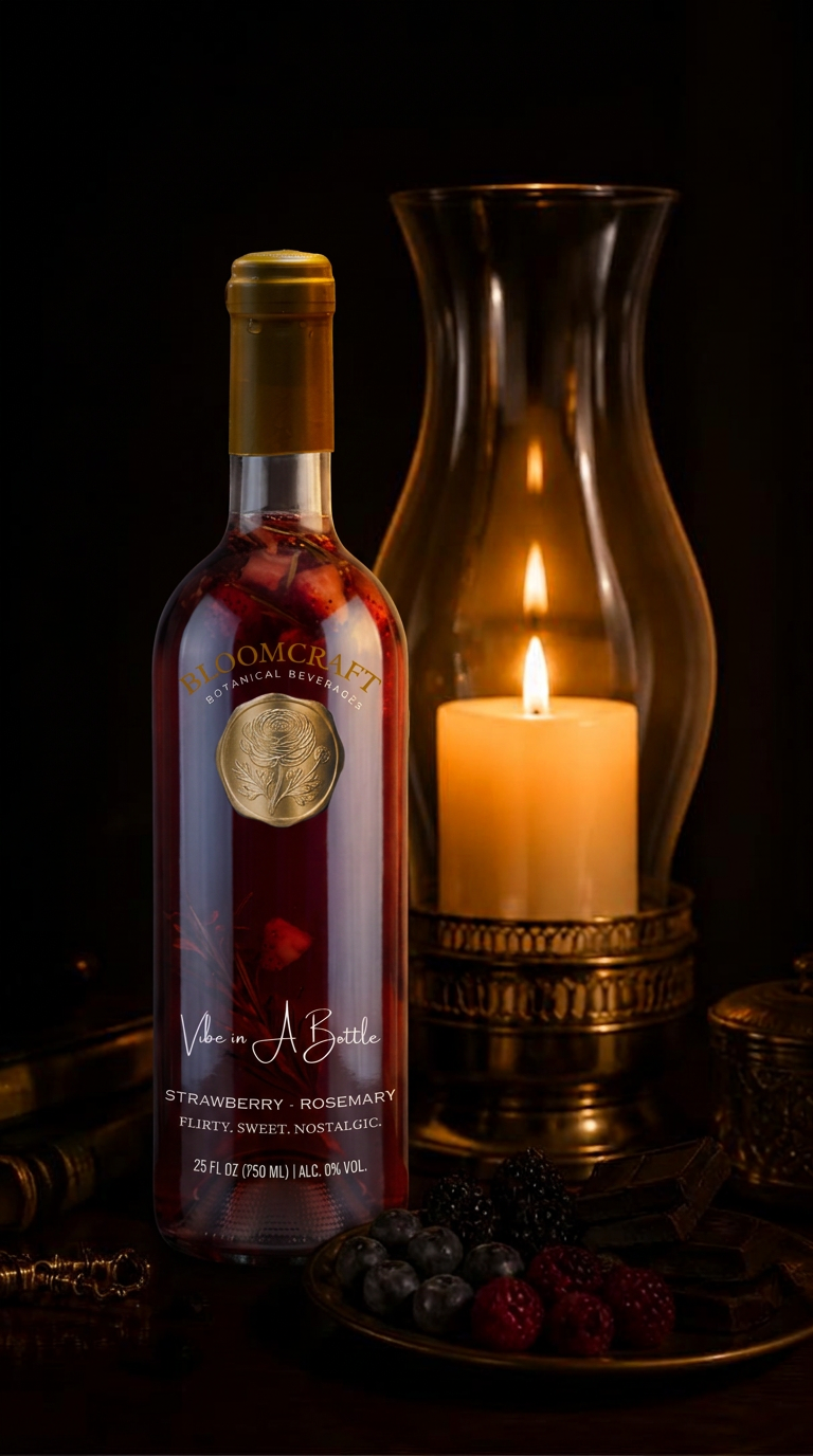 The BloomCraft bottle beside a candle lantern with berries and chocolate