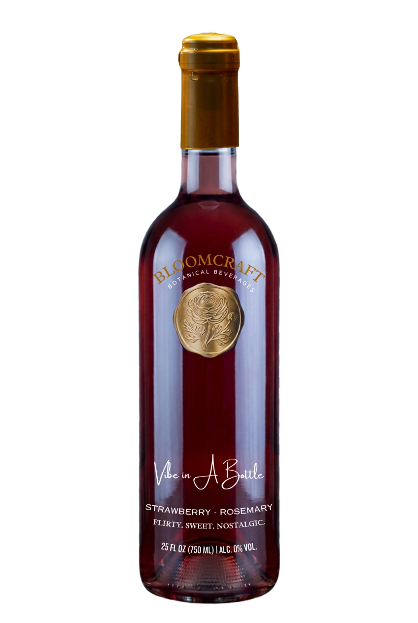 The BloomCraft Strawberry-Rosemary 750 mL bottle with its gold rose seal